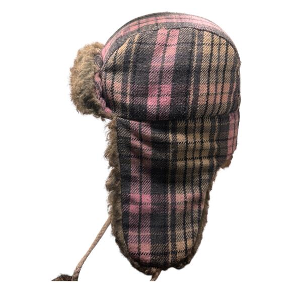 Pink Plaid Faux Fur Trapper Hat Ear Flap Pom Pom Cozy Winter Y2K - Picture 5 of 5
